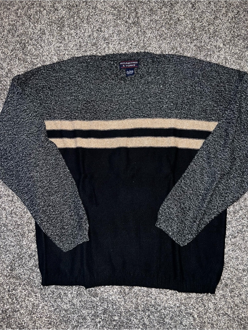 Roundtree & Yorke Black, Gray and Tan Striped Crewneck Sweater